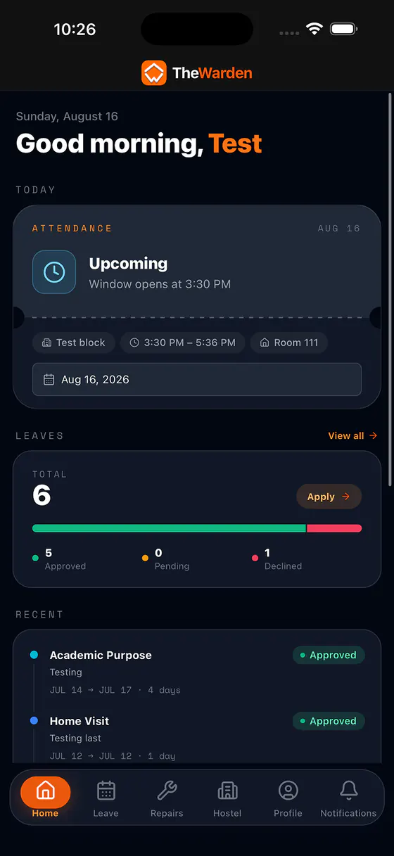 Student leave requests in The Warden mobile app, showing approved, pending, and declined leave